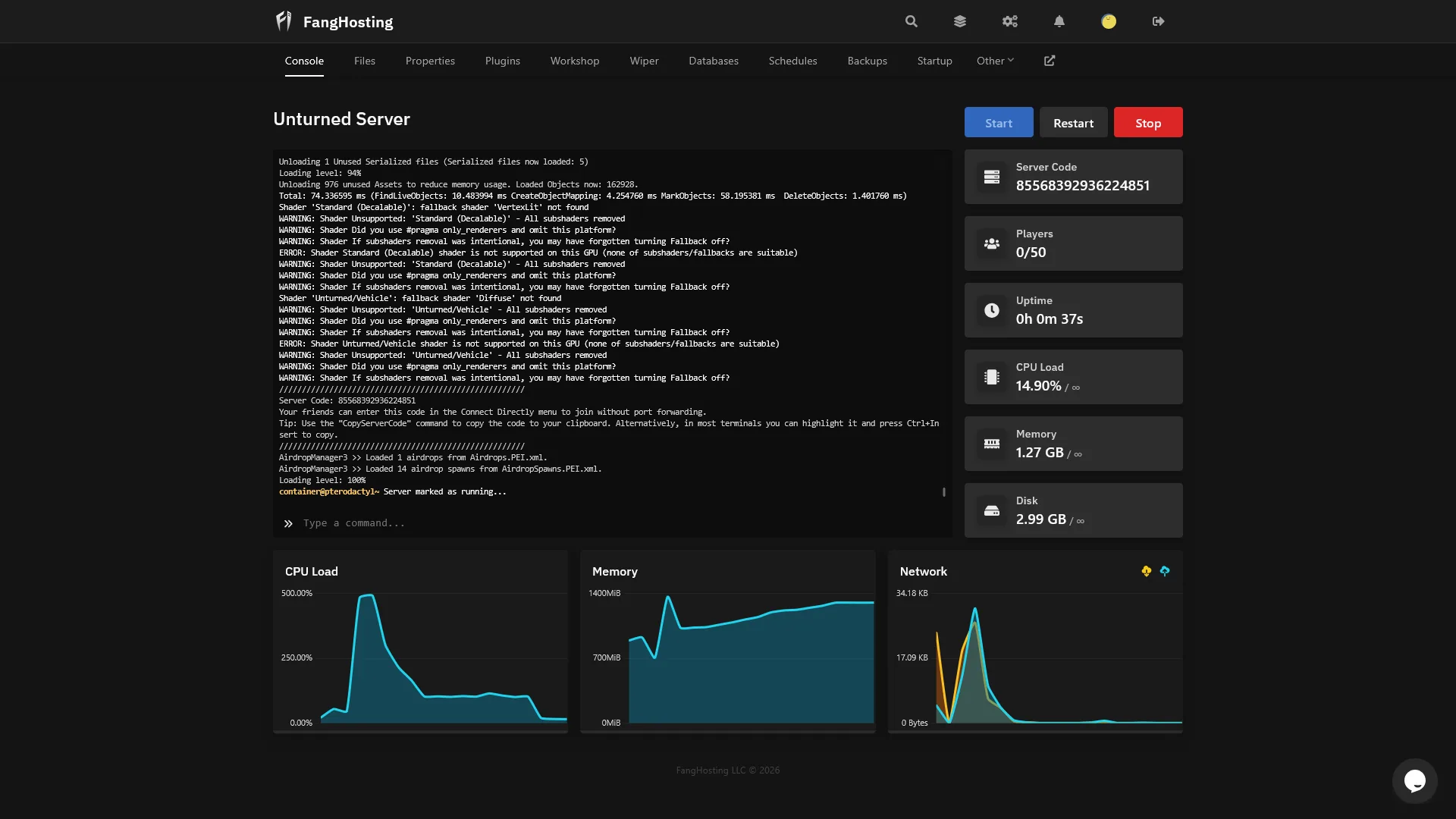 FangHosting console with live CPU, memory and network graphs