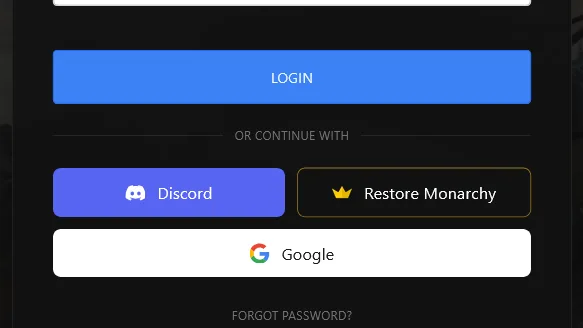 FangHosting login screen with the Restore Monarchy button highlighted