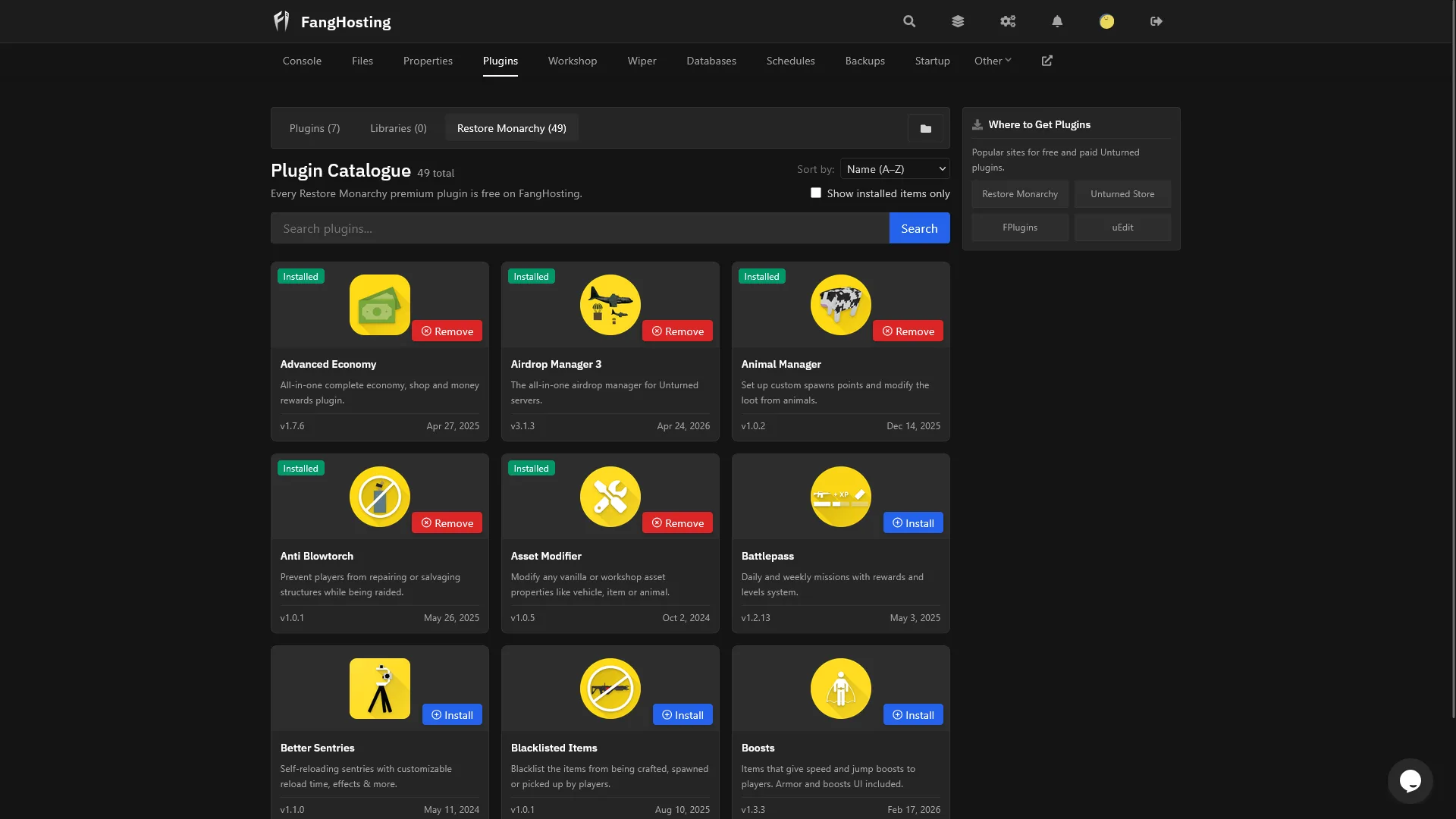 FangHosting plugin catalogue with one-click install