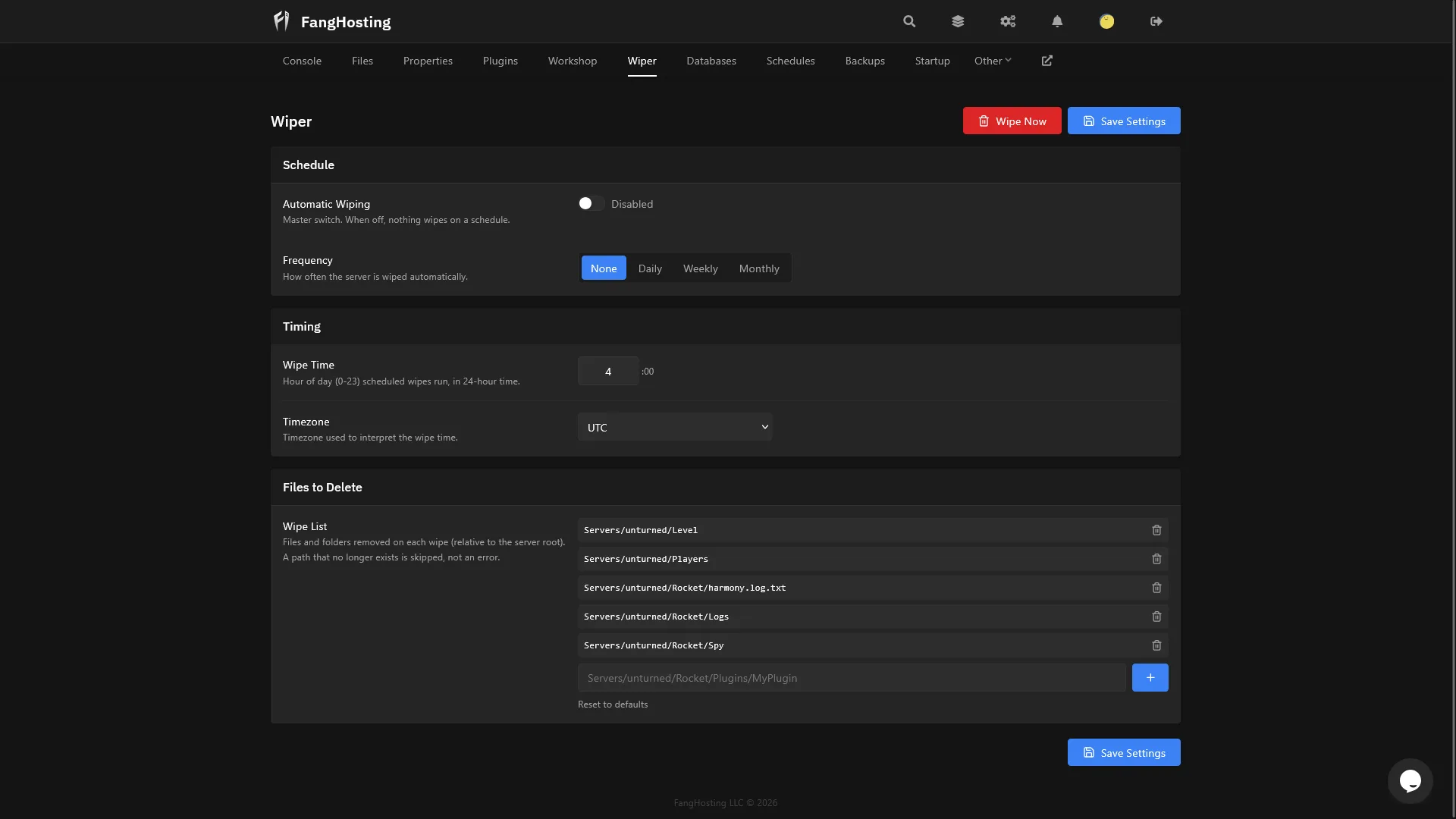 FangHosting wiper page with scheduled automatic wipes